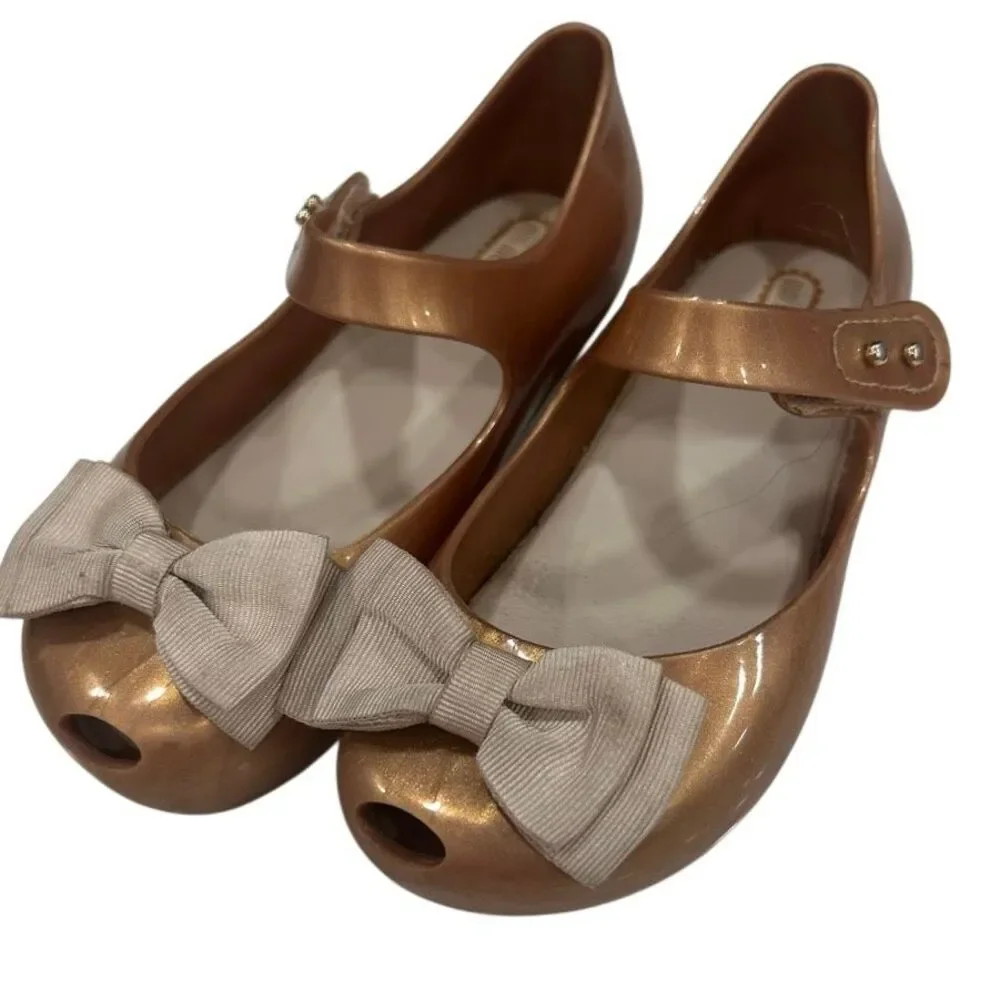 Mini Melissa Ultragirl Sweet Jelly Bow Mary Jane Shoes Girls Sz 11 Metallic Gold